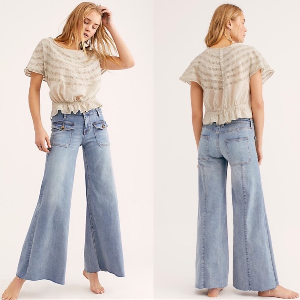 Free People Hailey Low Rise Bell Bottom Jeans patch Front Pockets 26 - Picture 1 of 7